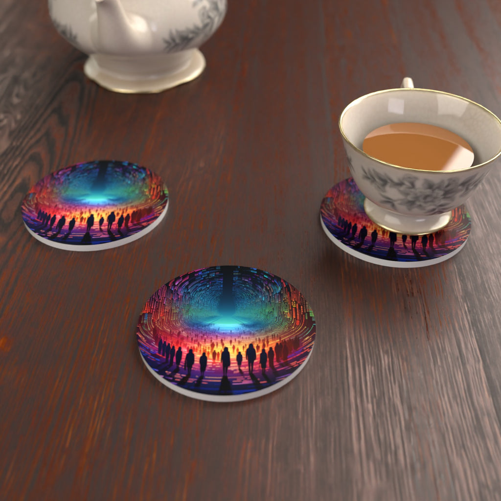 Rainbow Digital Tunnel Round Ceramic Coasters – Set of 6 – lifestyle mockup with a teacup