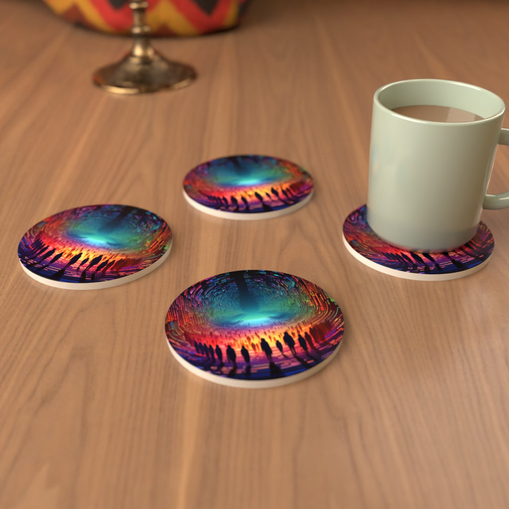 Rainbow Digital Tunnel Round Ceramic Coasters – Set of 6 – cosy lifestyle mockup