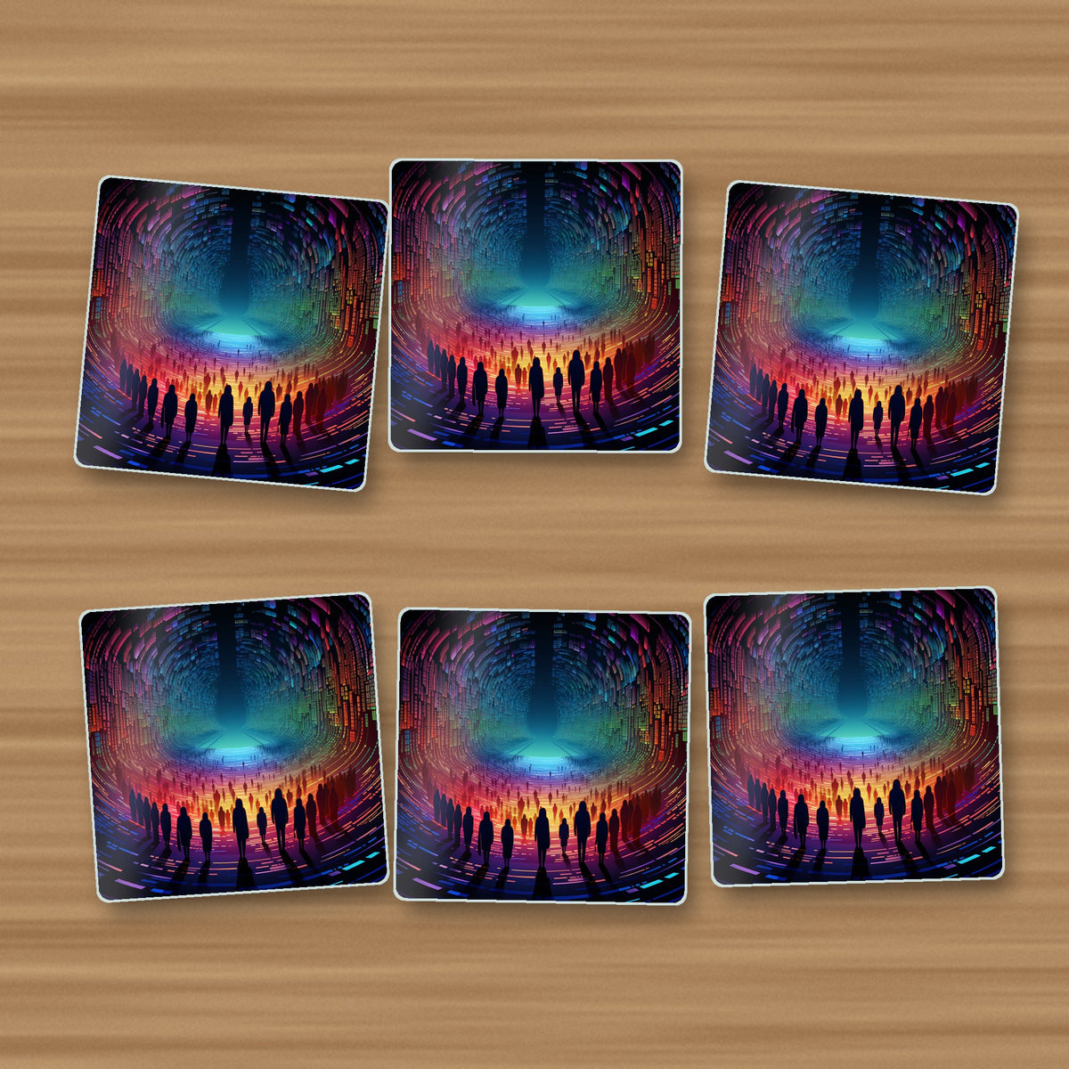 Rainbow Digital Tunnel square glass coasters, set of 6, on an oak coffee table