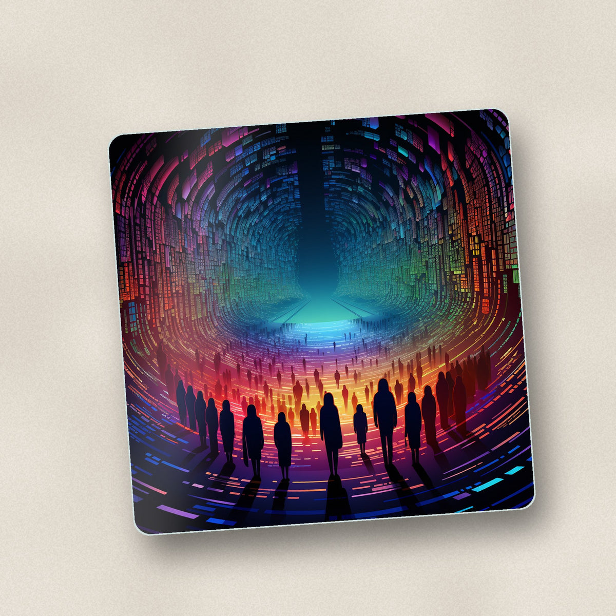Close-up of one rainbow digital tunnel square glass coaster, flat UV print