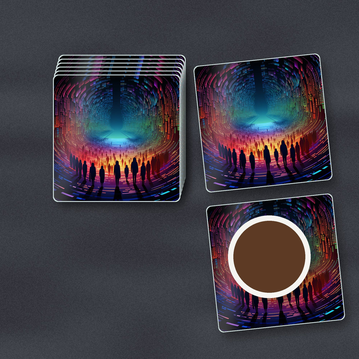 Rainbow Digital Tunnel square glass coasters stacked on a slate kitchen worktop
