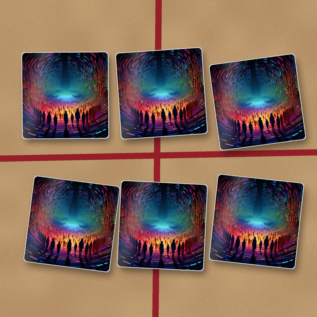 Rainbow Digital Tunnel square glass coasters on kraft gift wrap