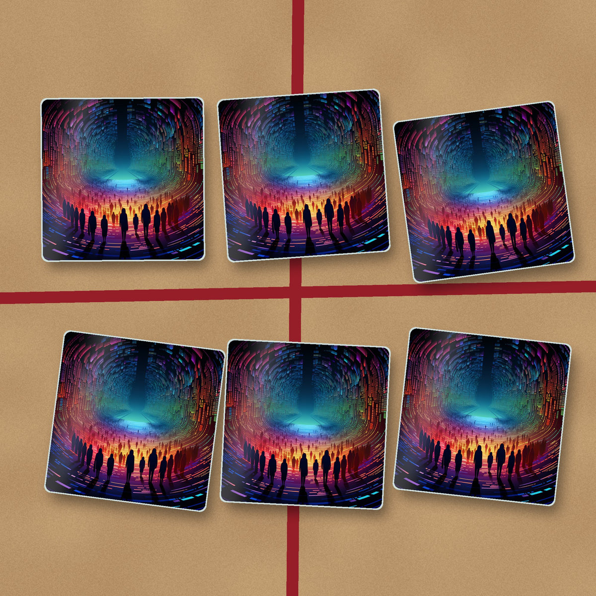 Rainbow Digital Tunnel square glass coasters on kraft gift wrap