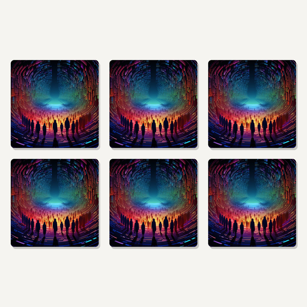 Flat lay of the rainbow digital tunnel artwork on six square coasters