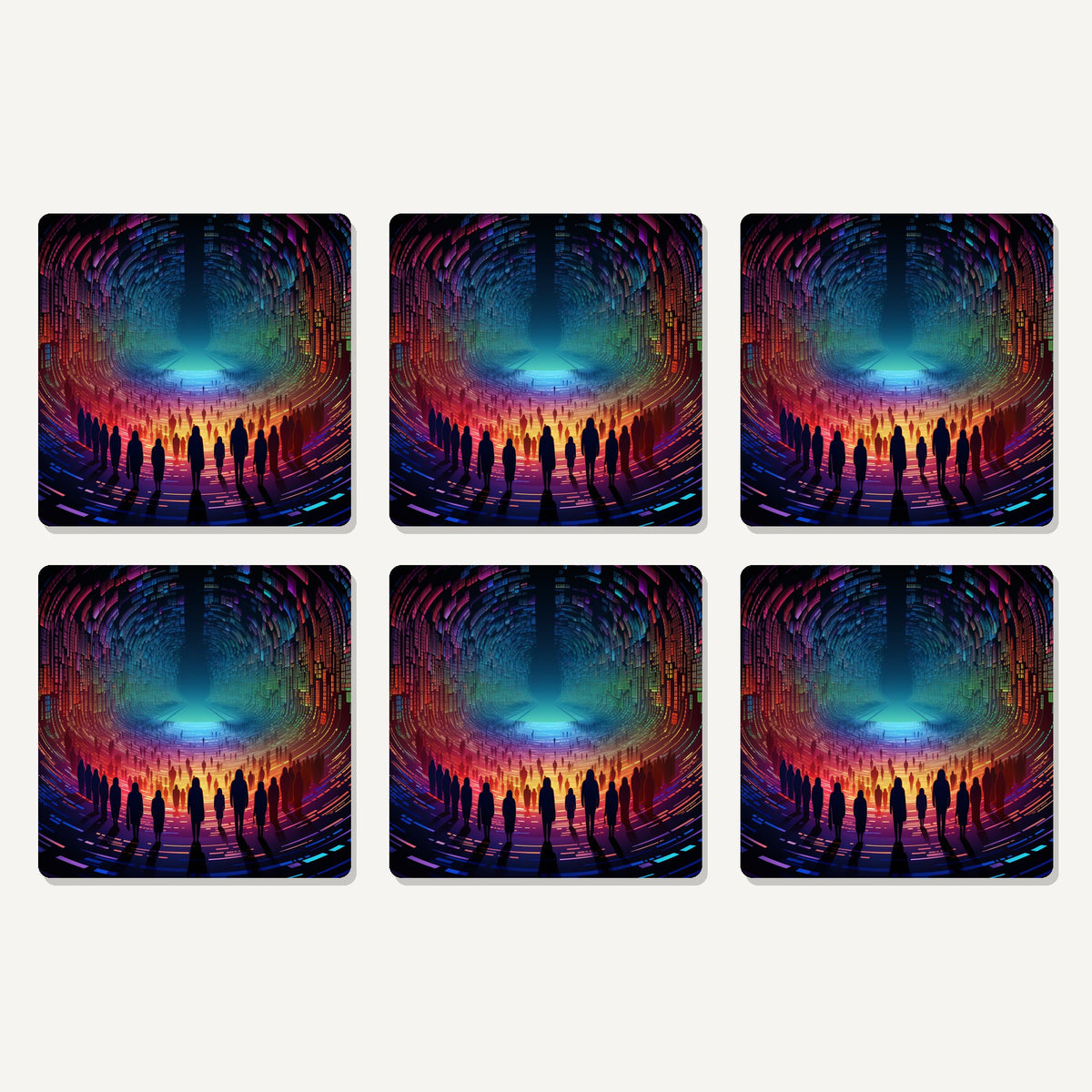 Flat lay of the rainbow digital tunnel artwork on six square coasters