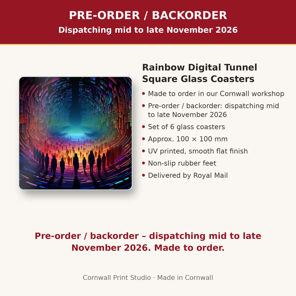 Info card: Rainbow Digital Tunnel Square Glass Coasters – Set of 6, made to order, dispatching mid to late November 2026, delivered by Royal Mail