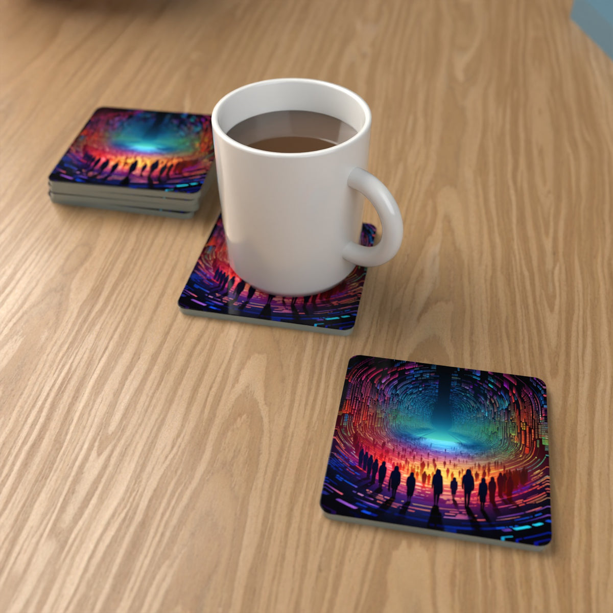 Rainbow Digital Tunnel Square Glass Coasters – Set of 6 – lifestyle mockup with a mug of coffee