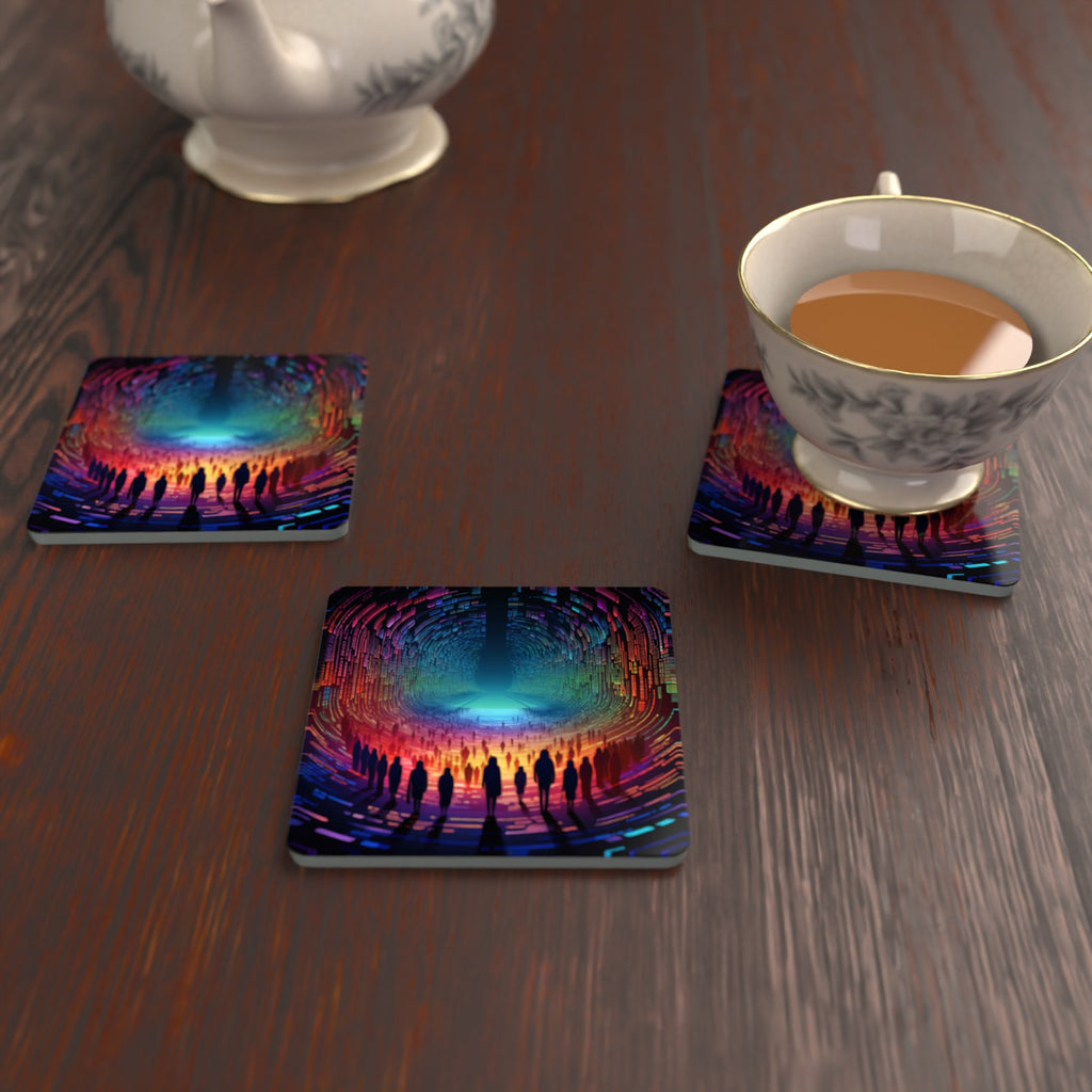 Rainbow Digital Tunnel Square Glass Coasters – Set of 6 – lifestyle mockup with a teacup