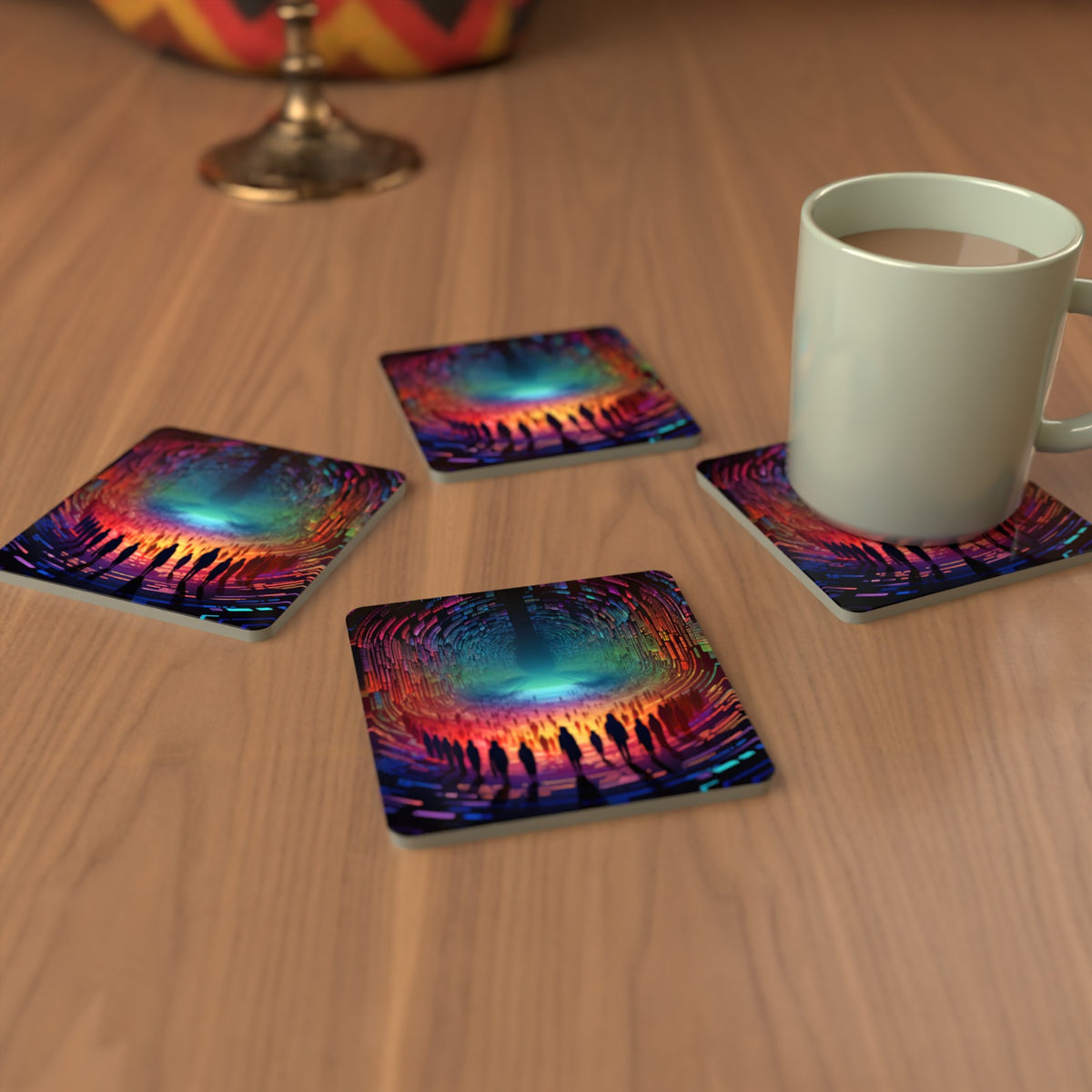 Rainbow Digital Tunnel Square Glass Coasters – Set of 6 – cosy lifestyle mockup