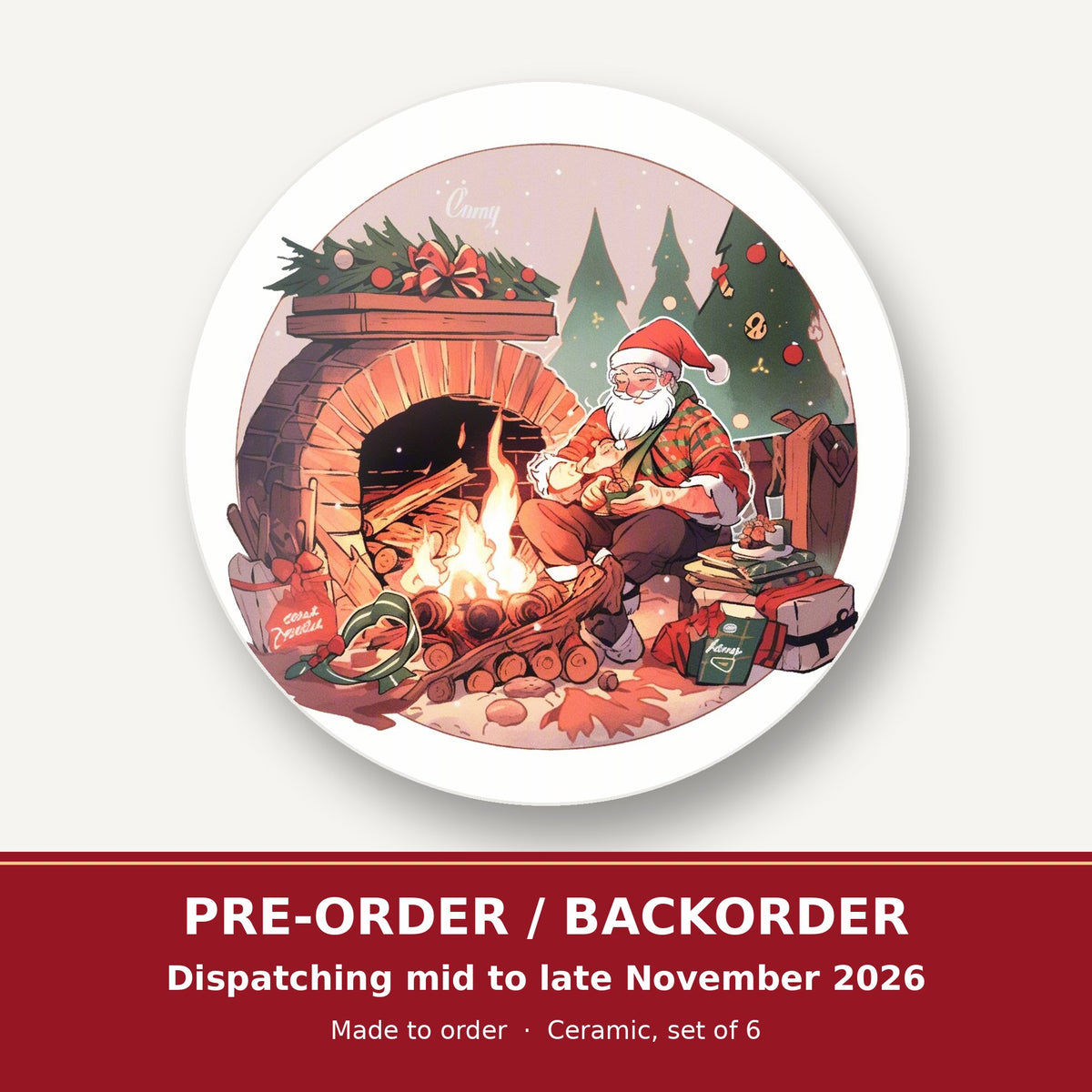 Father Christmas by the Fireside round ceramic coaster set of 6 – pre-order / backorder, dispatching mid to late November 2026