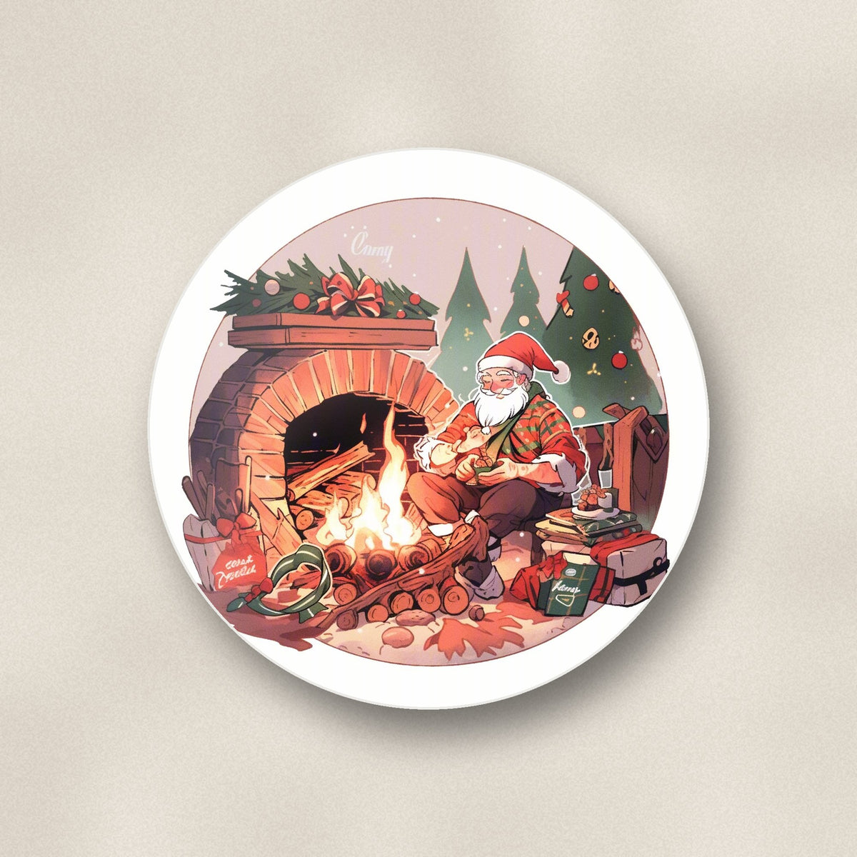Close-up of one father christmas by the fireside round ceramic coaster, flat UV print