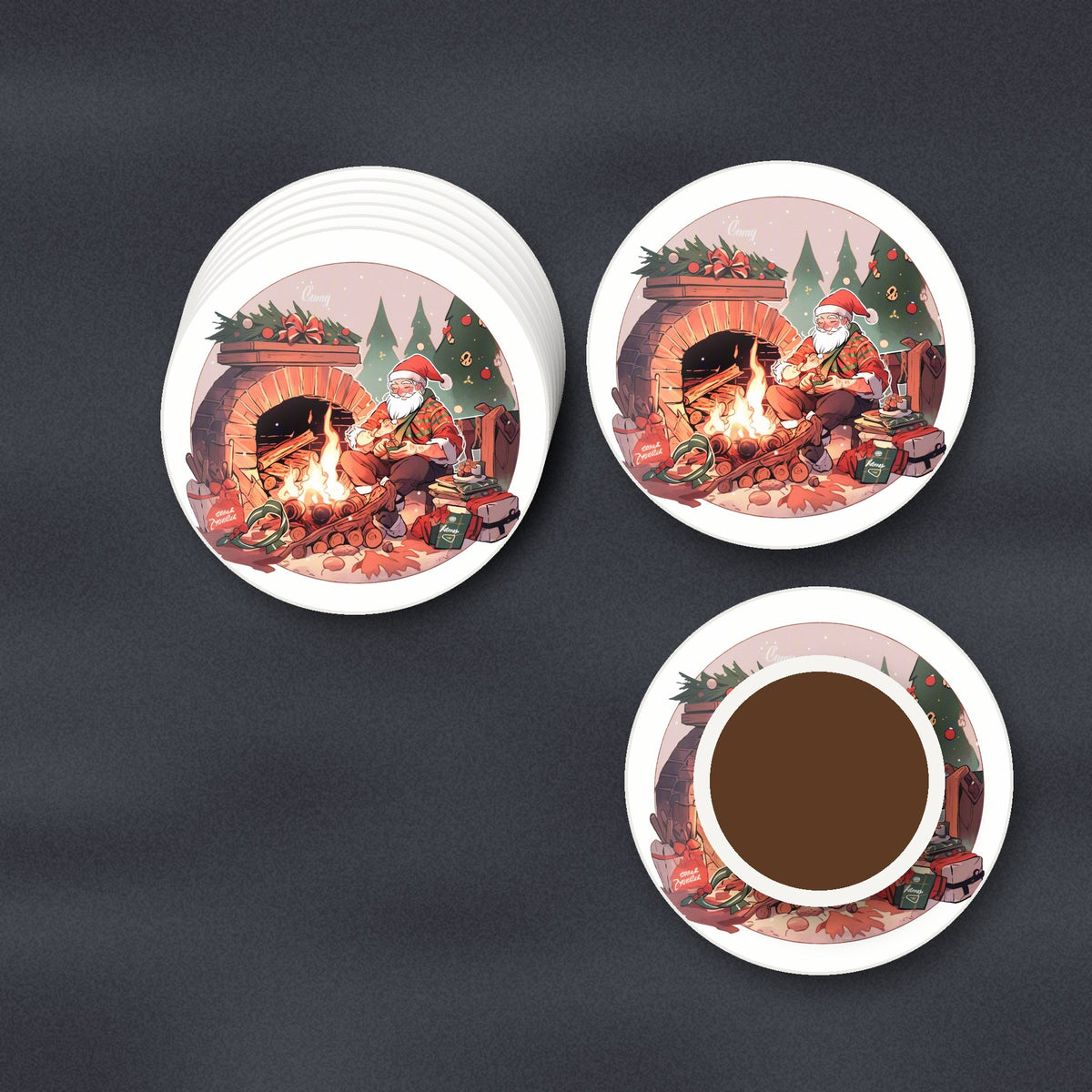 Father Christmas by the Fireside round ceramic coasters stacked on a slate kitchen worktop