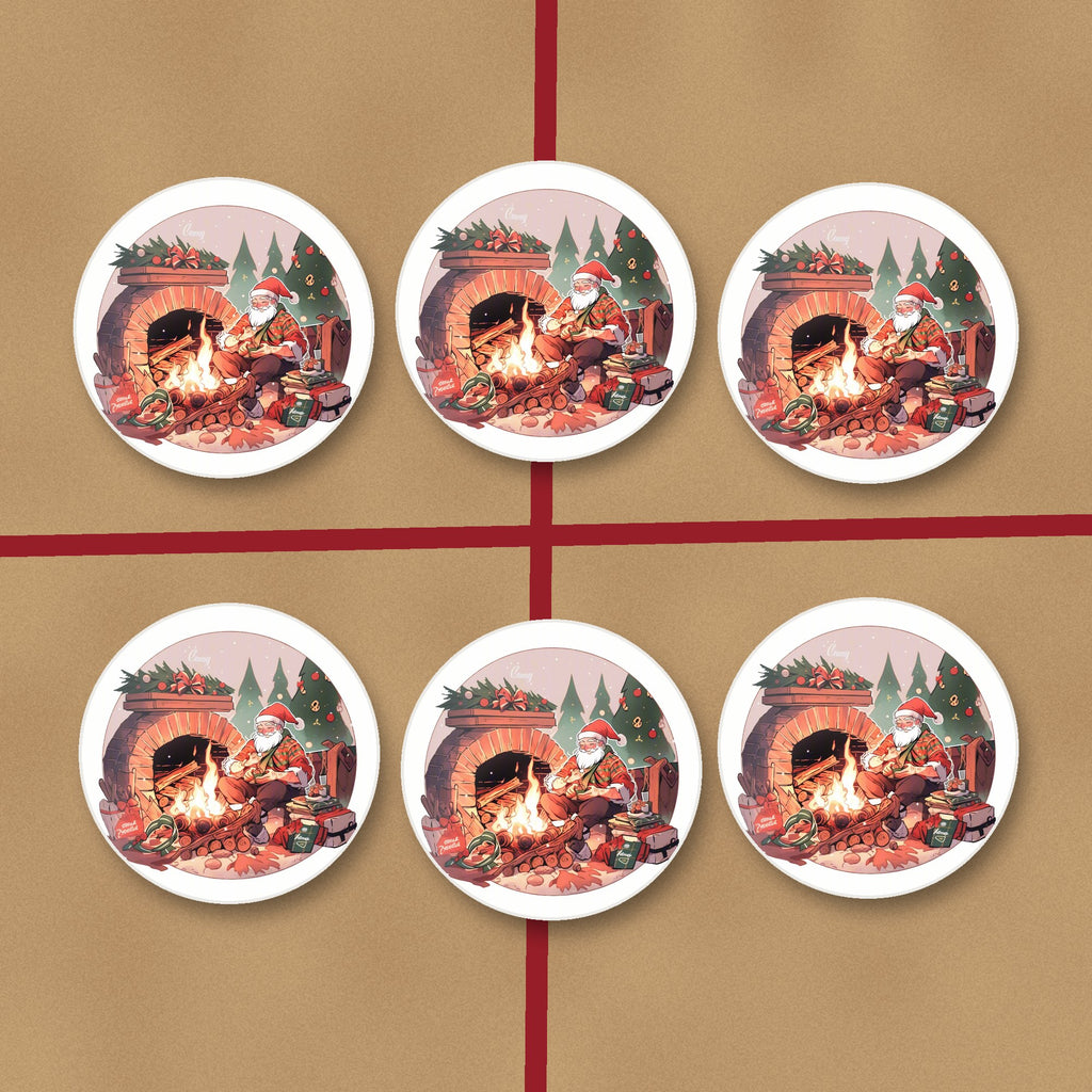 Father Christmas by the Fireside round ceramic coasters on kraft gift wrap