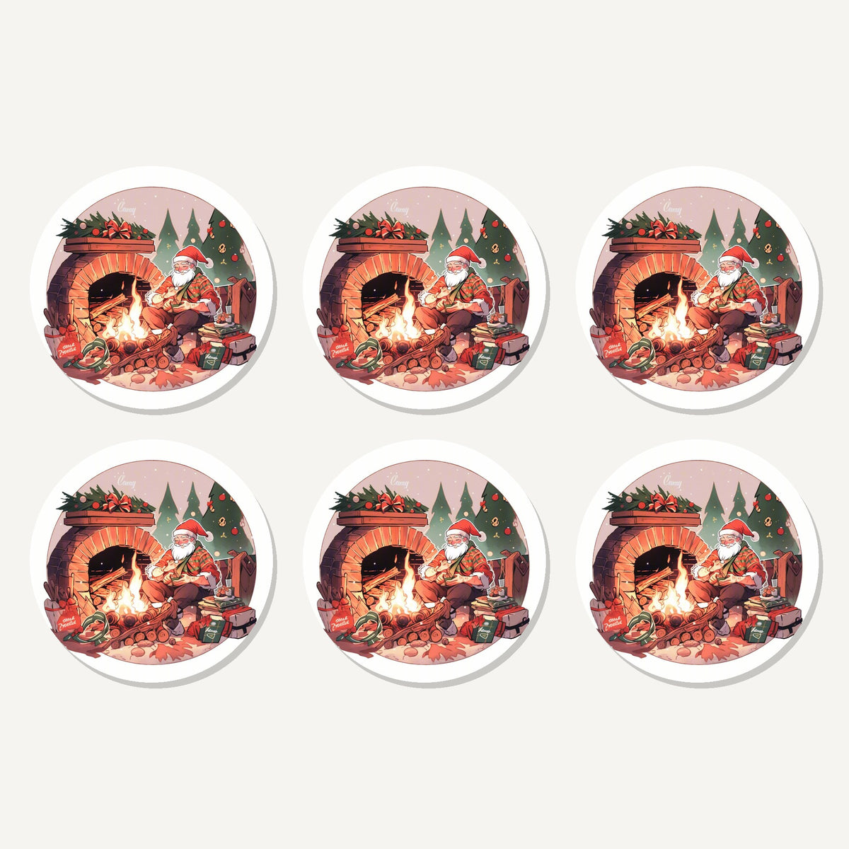 Flat lay of the father christmas by the fireside artwork on six round coasters