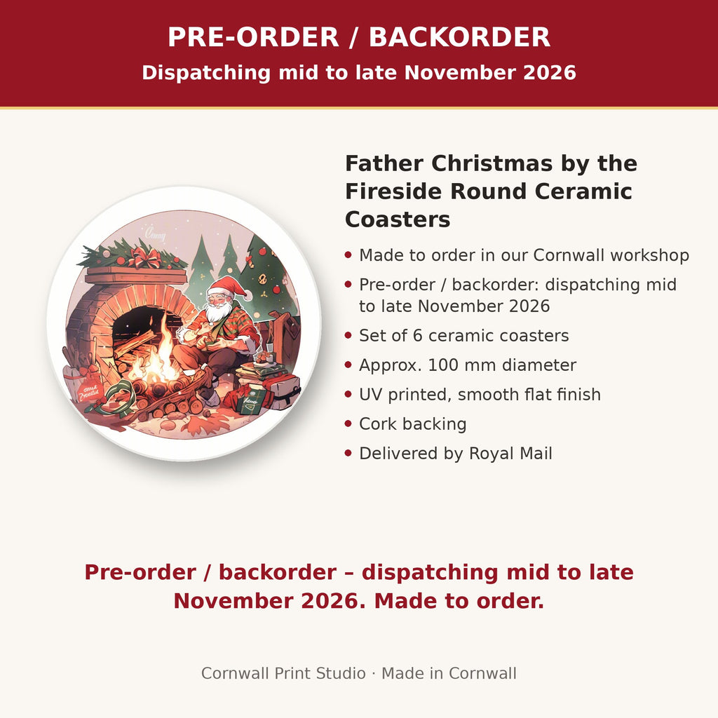 Info card: Father Christmas by the Fireside Round Ceramic Coasters – Set of 6, made to order, dispatching mid to late November 2026, delivered by Royal Mail