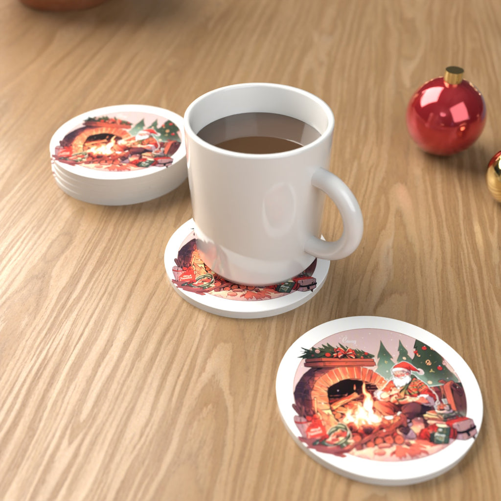 Father Christmas by the Fireside Round Ceramic Coasters – Set of 6 – lifestyle mockup with a mug of coffee