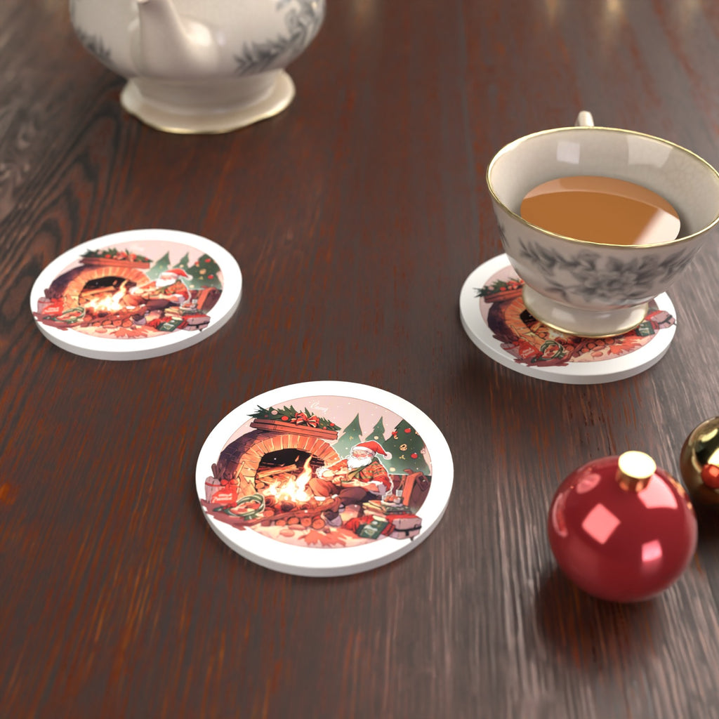 Father Christmas by the Fireside Round Ceramic Coasters – Set of 6 – lifestyle mockup with a teacup