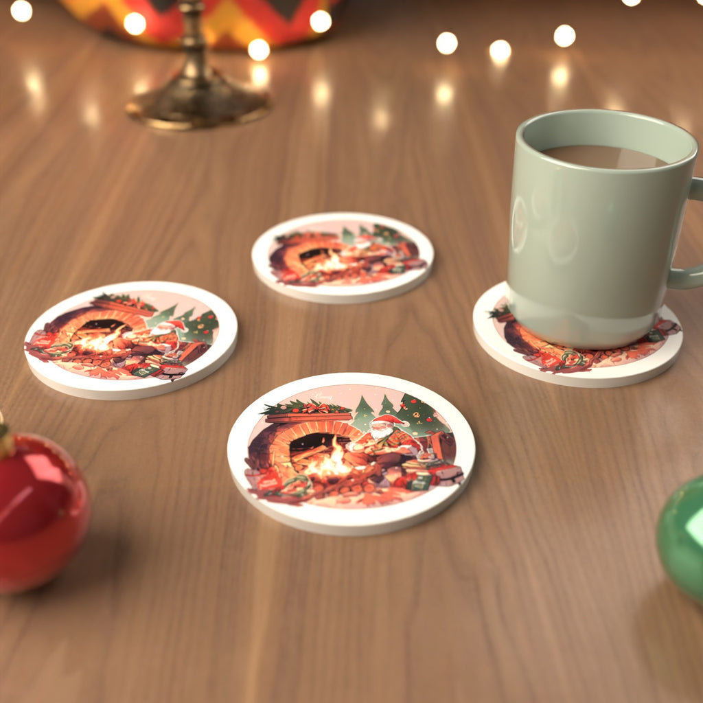 Father Christmas by the Fireside Round Ceramic Coasters – Set of 6 – cosy lifestyle mockup