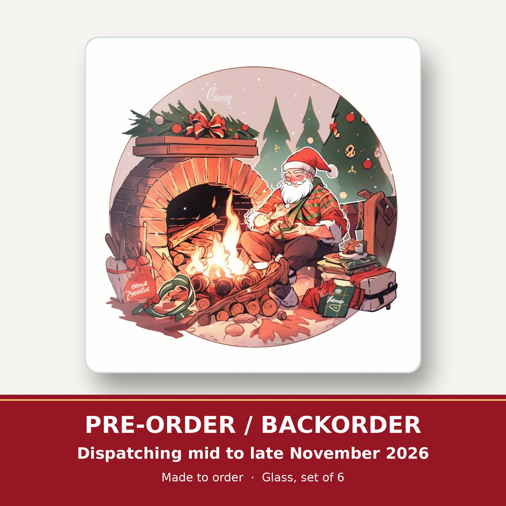 Father Christmas by the Fireside square glass coaster set of 6 – pre-order / backorder, dispatching mid to late November 2026
