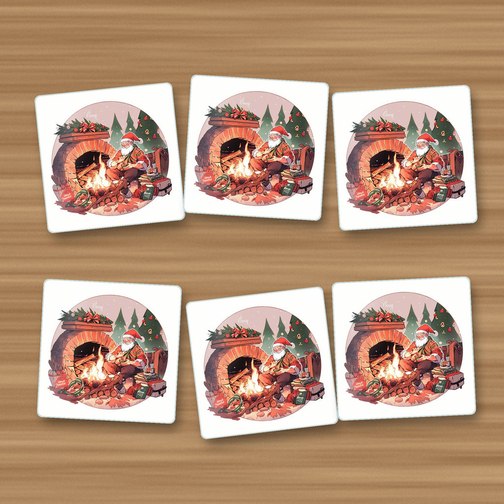 Father Christmas by the Fireside square glass coasters, set of 6, on an oak coffee table