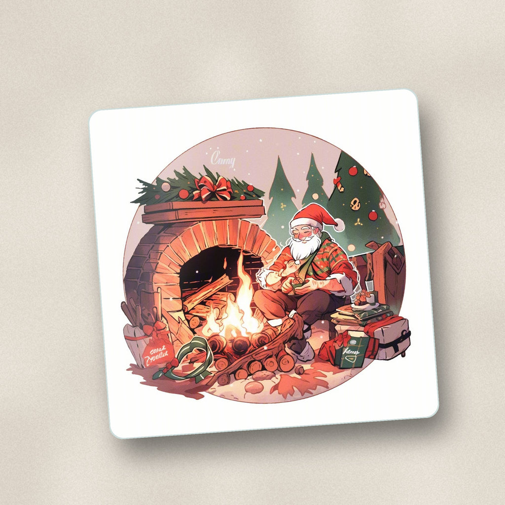 Close-up of one father christmas by the fireside square glass coaster, flat UV print