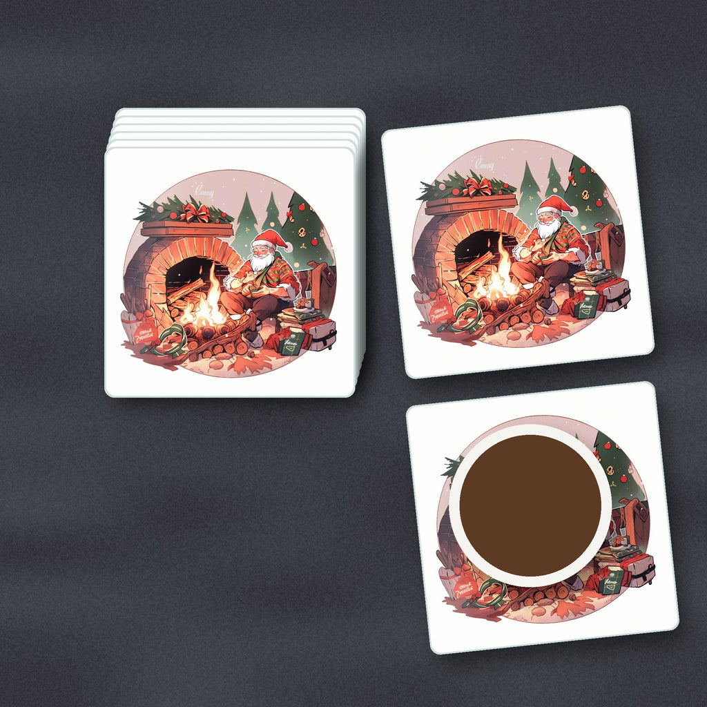 Father Christmas by the Fireside square glass coasters stacked on a slate kitchen worktop