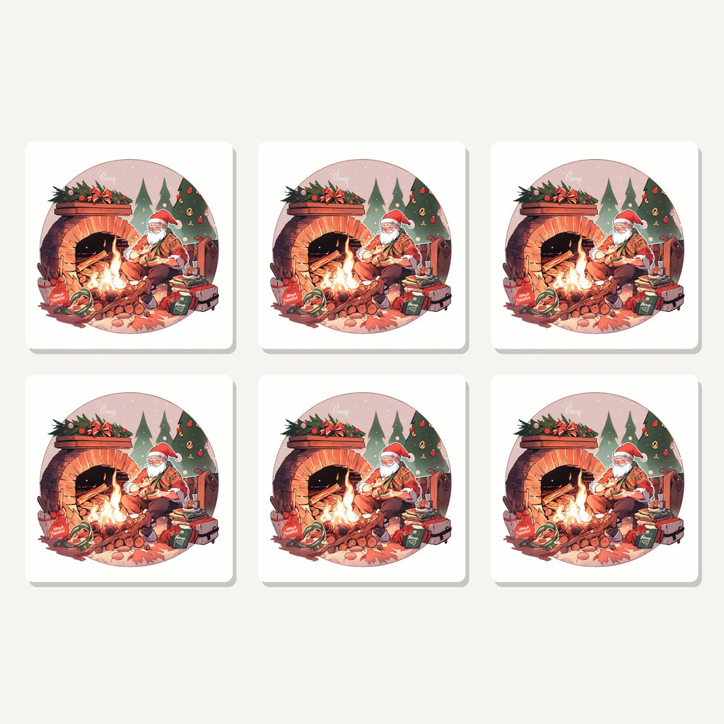 Flat lay of the father christmas by the fireside artwork on six square coasters