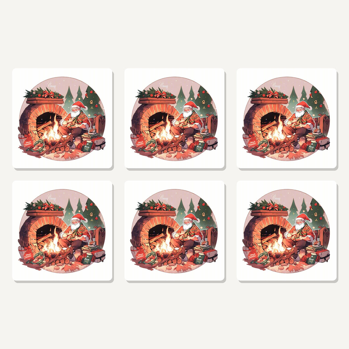 Flat lay of the father christmas by the fireside artwork on six square coasters