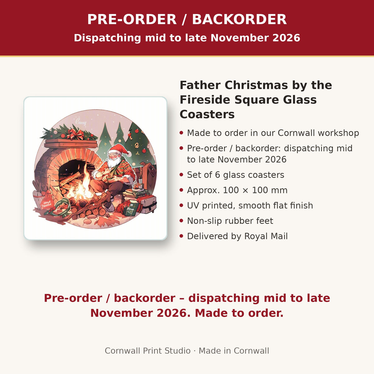 Info card: Father Christmas by the Fireside Square Glass Coasters – Set of 6, made to order, dispatching mid to late November 2026, delivered by Royal Mail