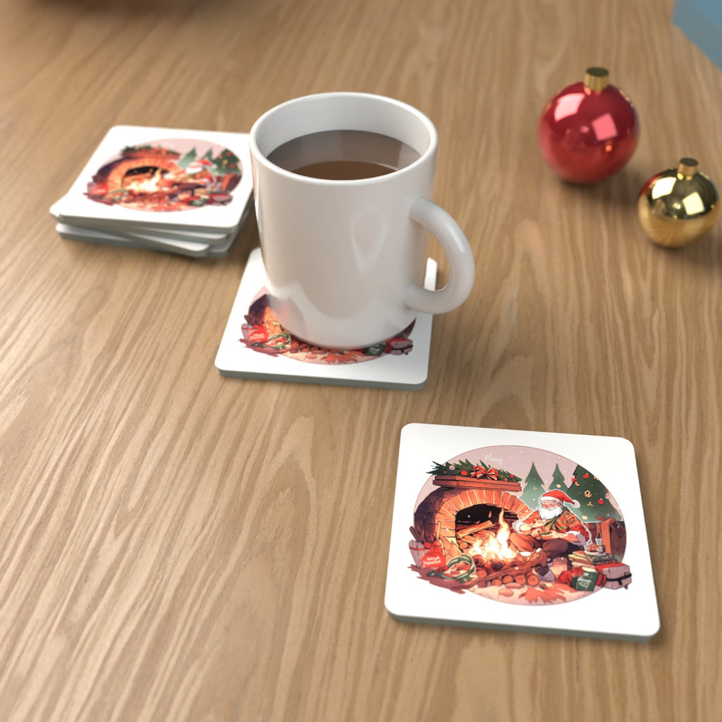 Father Christmas by the Fireside Square Glass Coasters – Set of 6 – lifestyle mockup with a mug of coffee