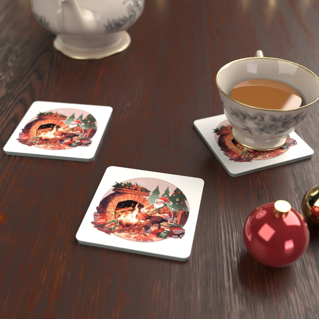 Father Christmas by the Fireside Square Glass Coasters – Set of 6 – lifestyle mockup with a teacup