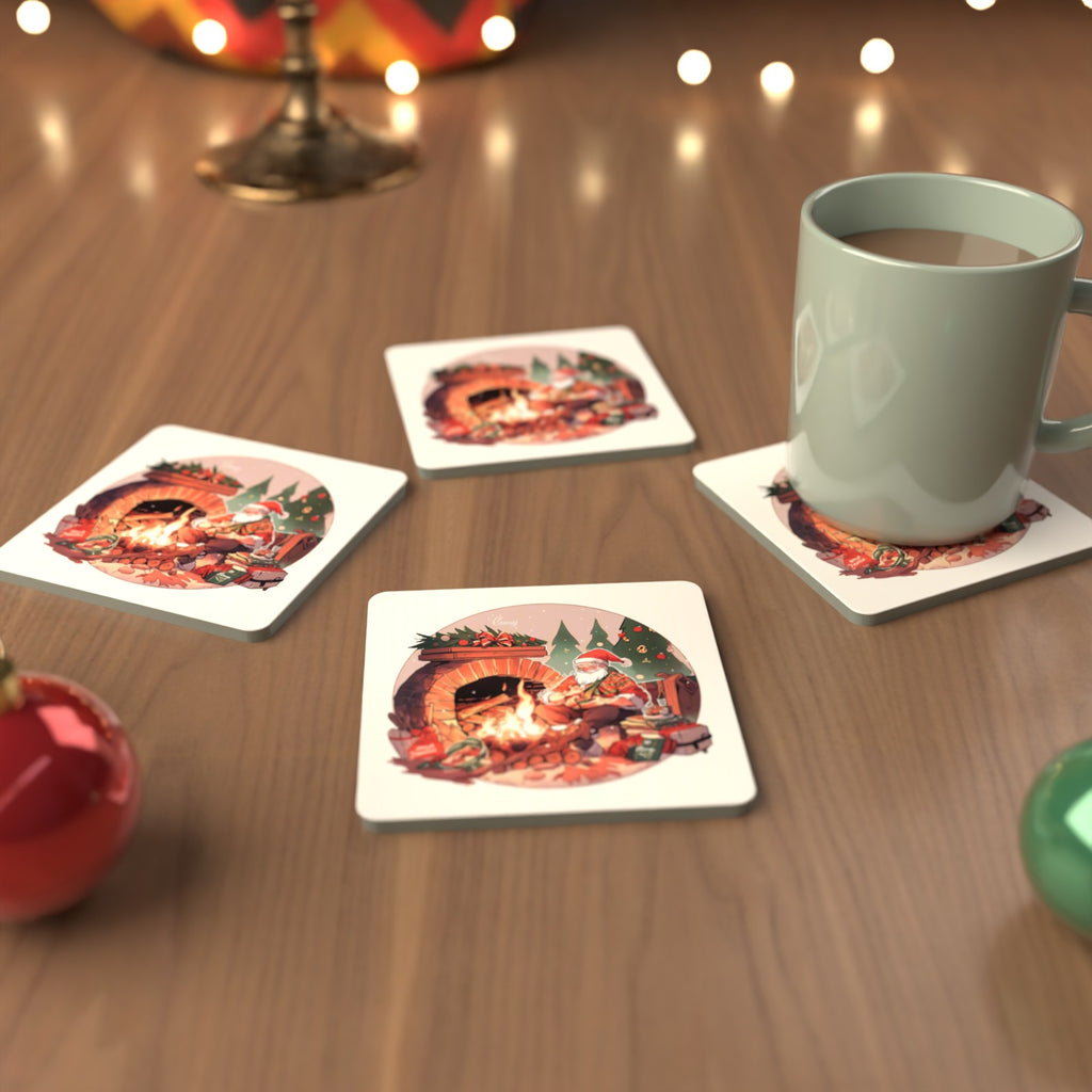 Father Christmas by the Fireside Square Glass Coasters – Set of 6 – cosy lifestyle mockup