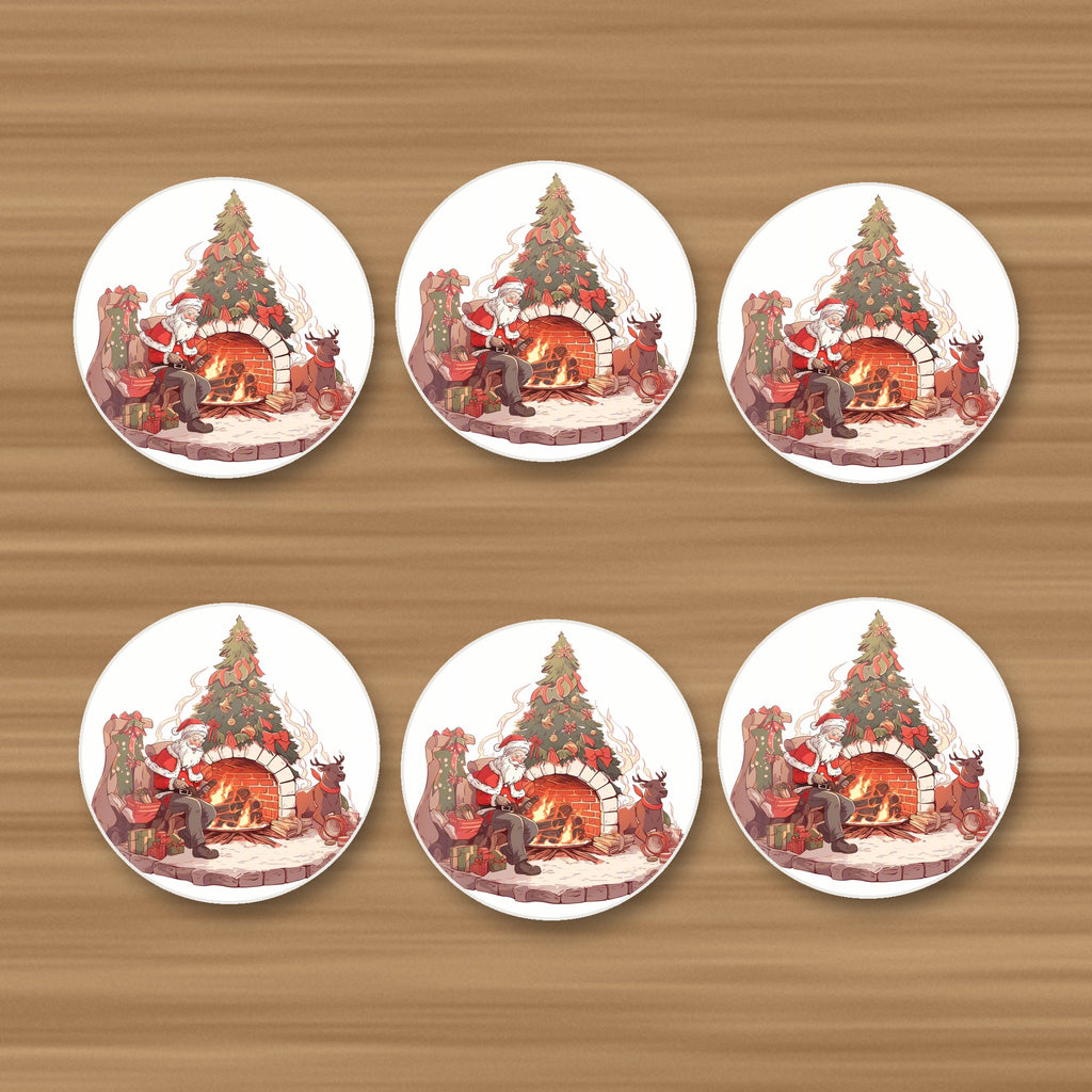 Father Christmas & Reindeer at the Fire round ceramic coasters, set of 6, on an oak coffee table
