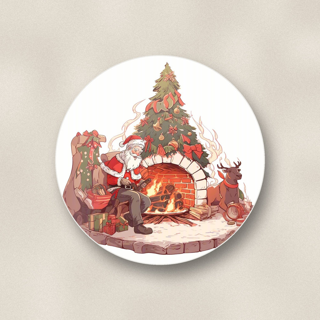 Close-up of one father christmas & reindeer at the fire round ceramic coaster, flat UV print