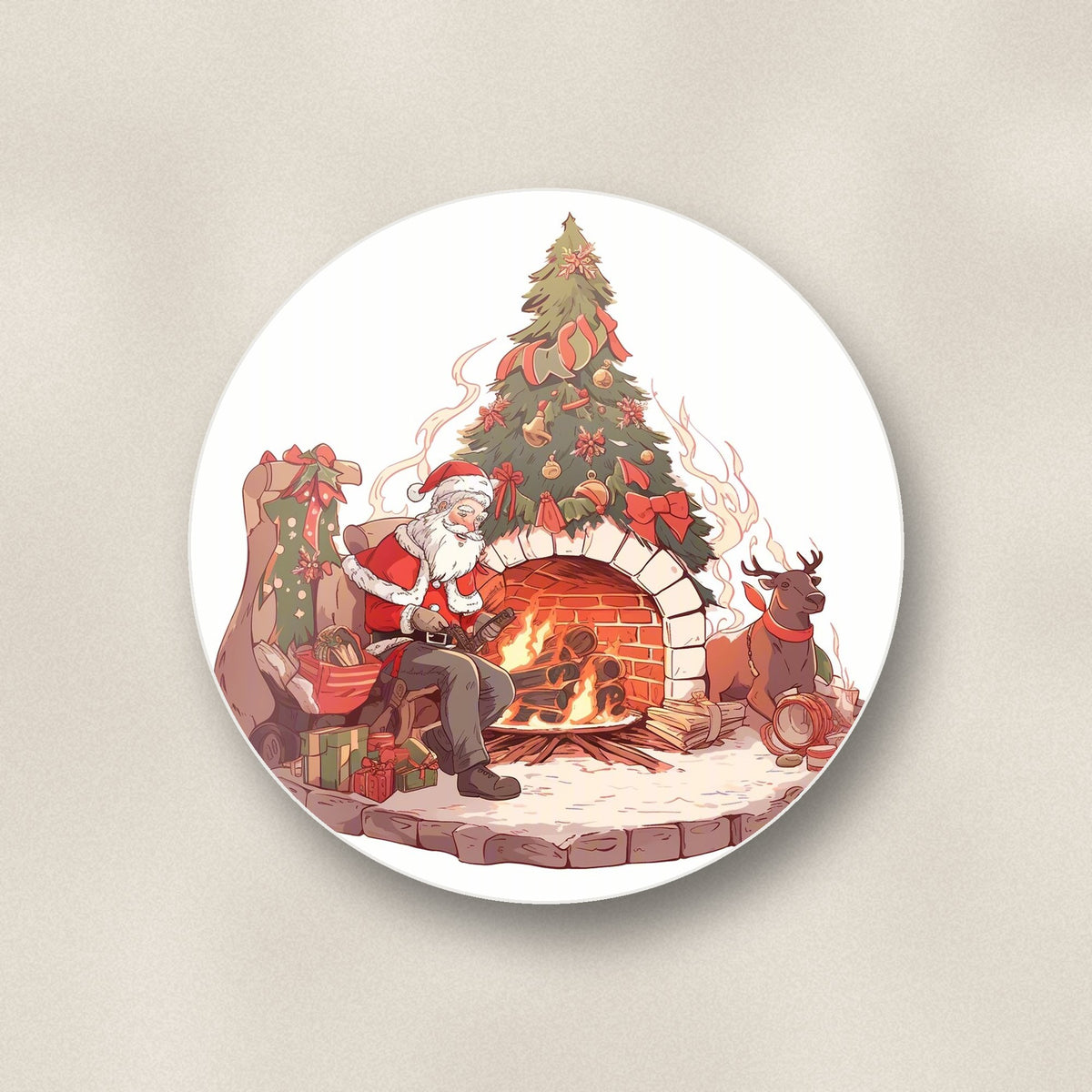 Close-up of one father christmas & reindeer at the fire round ceramic coaster, flat UV print
