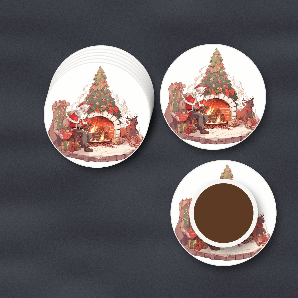Father Christmas & Reindeer at the Fire round ceramic coasters stacked on a slate kitchen worktop