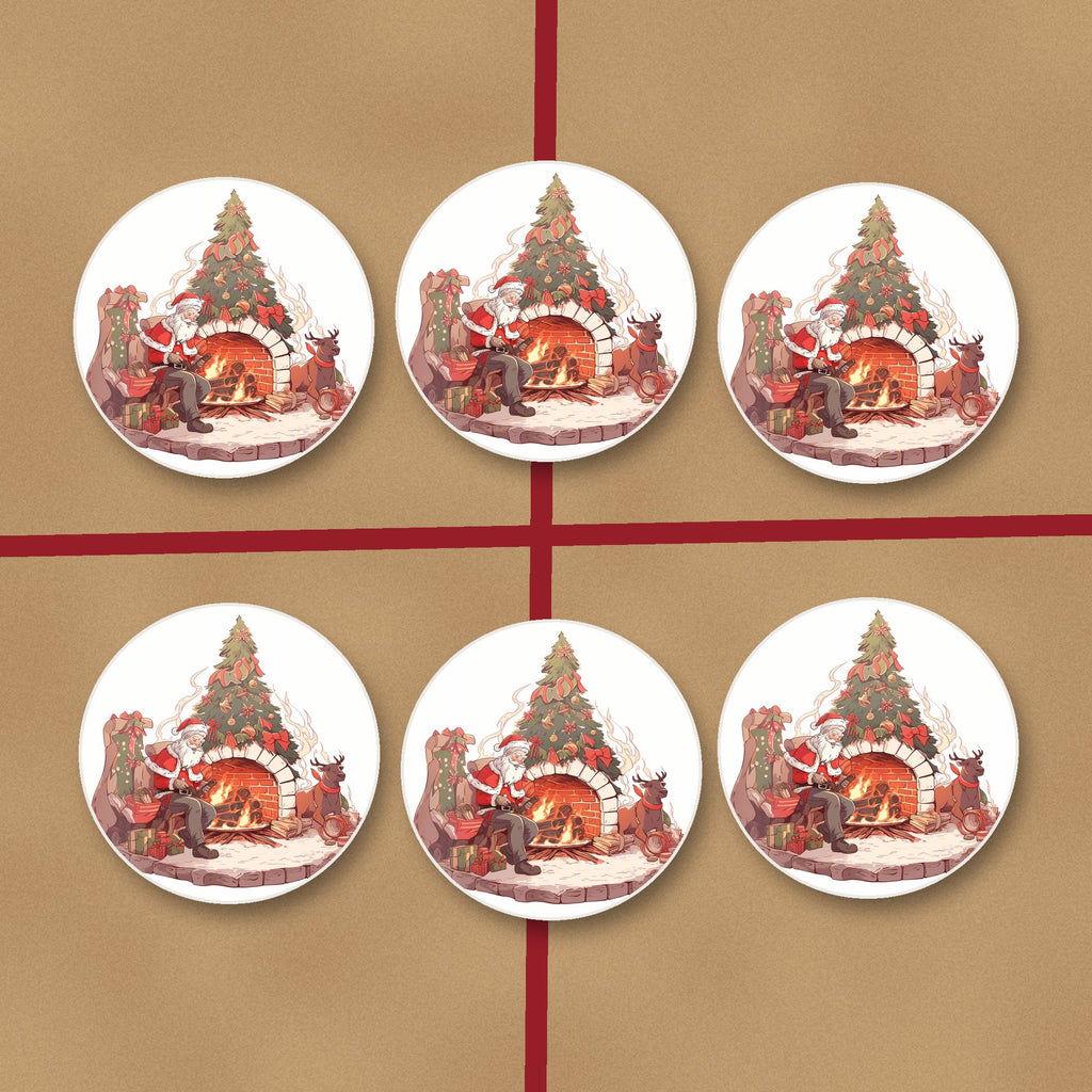 Father Christmas & Reindeer at the Fire round ceramic coasters on kraft gift wrap