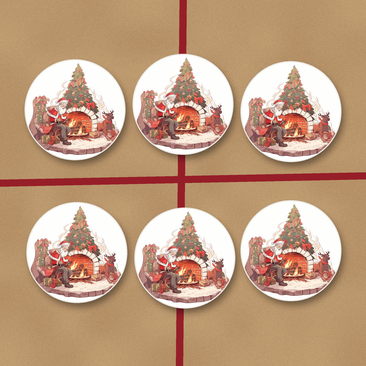 Father Christmas & Reindeer at the Fire round ceramic coasters on kraft gift wrap