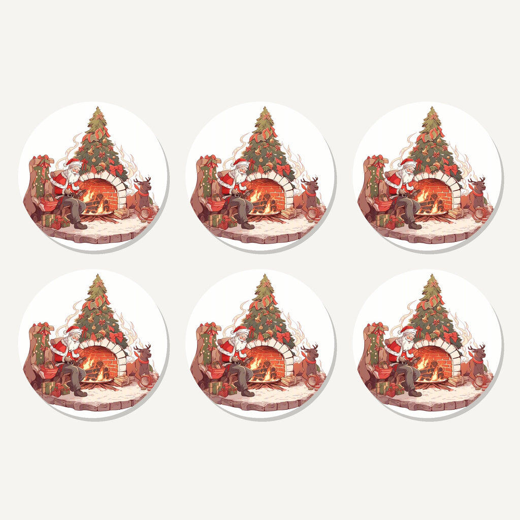 Flat lay of the father christmas & reindeer at the fire artwork on six round coasters