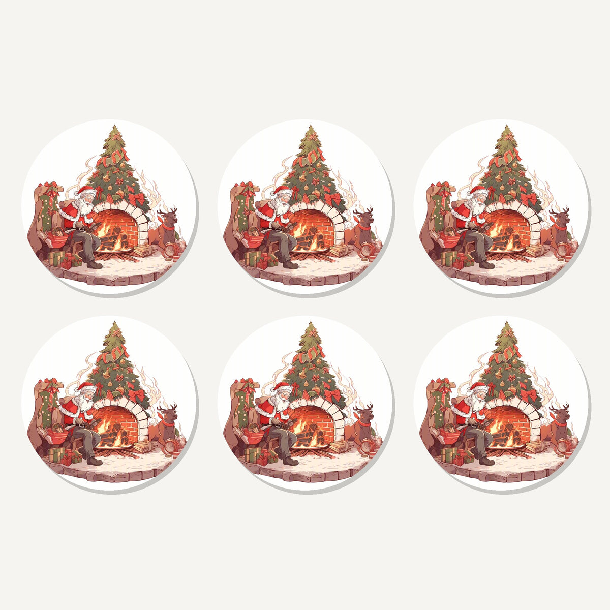 Flat lay of the father christmas & reindeer at the fire artwork on six round coasters