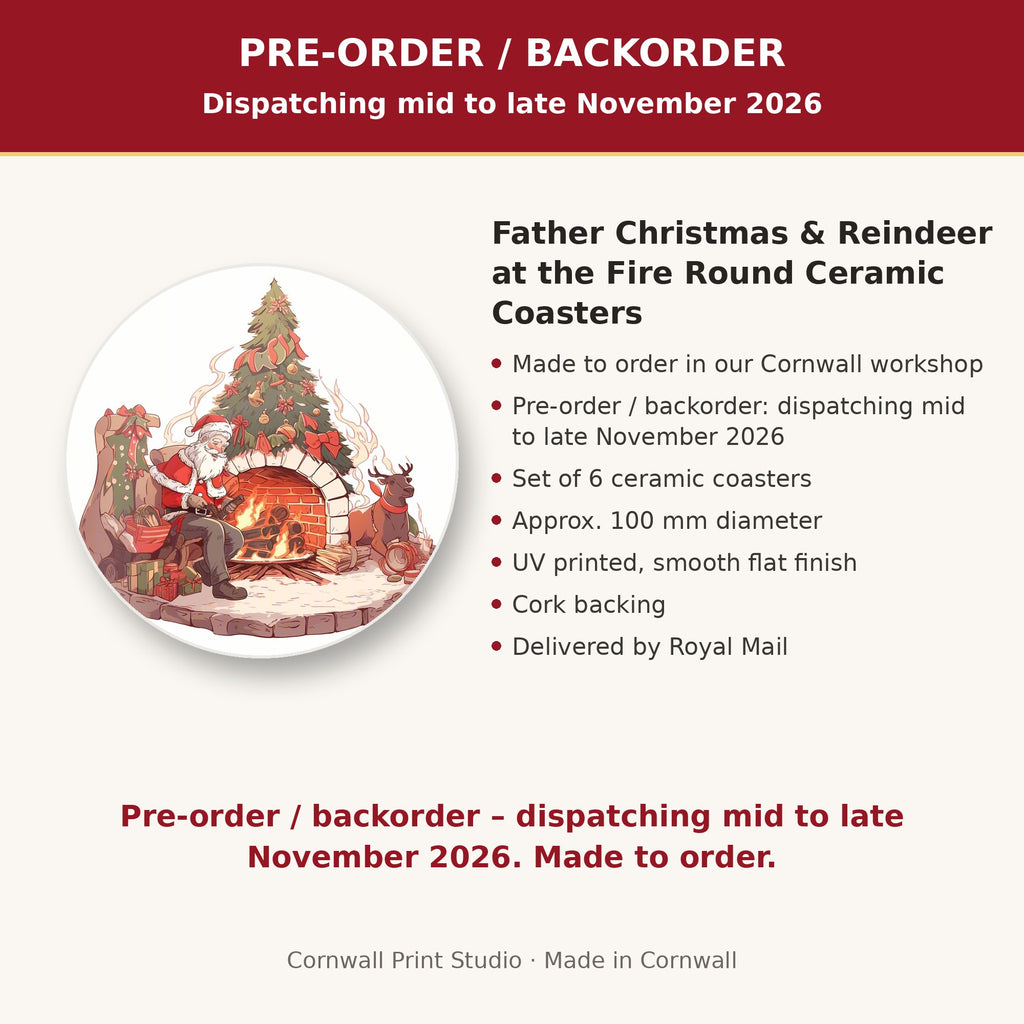 Info card: Father Christmas & Reindeer at the Fire Round Ceramic Coasters – Set of 6, made to order, dispatching mid to late November 2026, delivered by Royal Mail