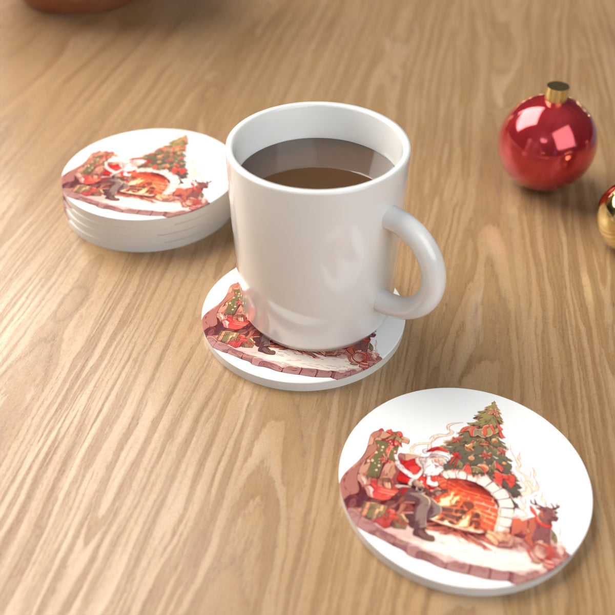 Father Christmas & Reindeer at the Fire Round Ceramic Coasters – Set of 6 – lifestyle mockup with a mug of coffee