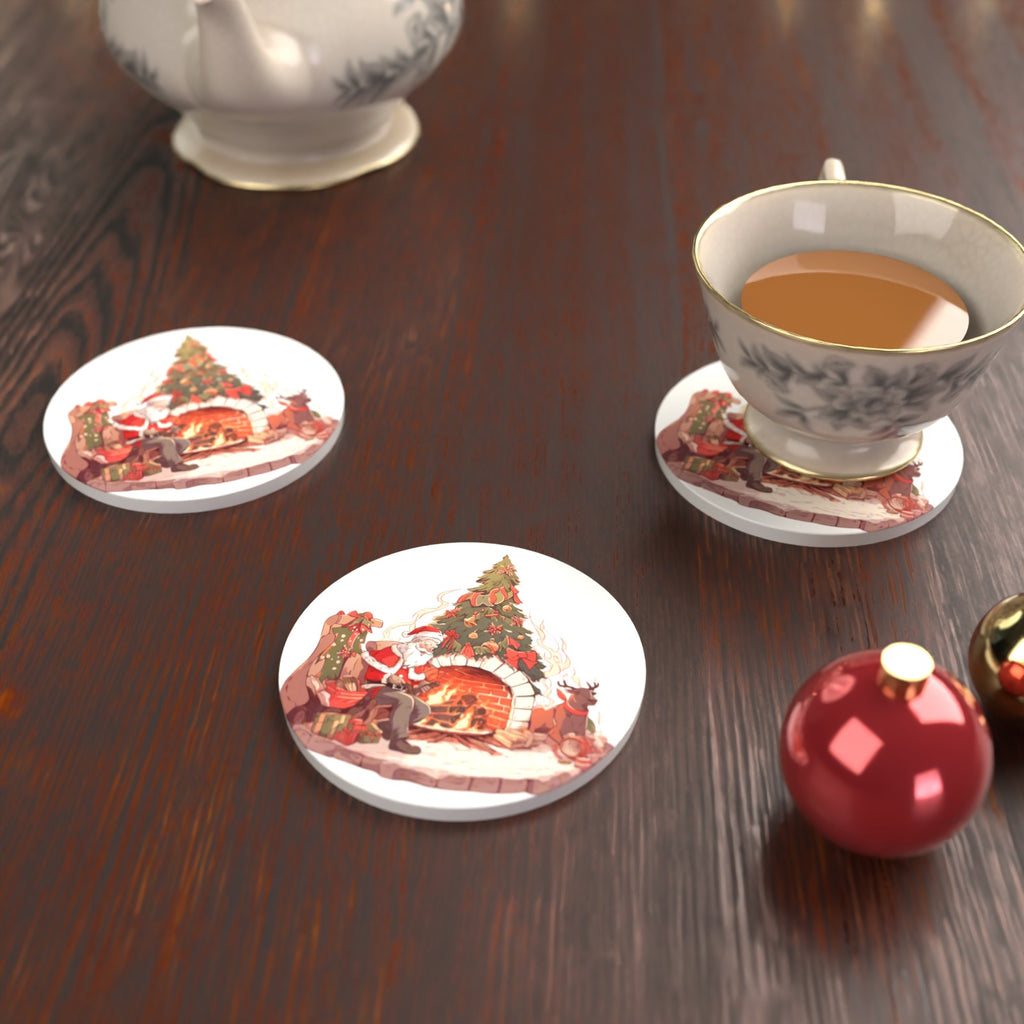 Father Christmas & Reindeer at the Fire Round Ceramic Coasters – Set of 6 – lifestyle mockup with a teacup