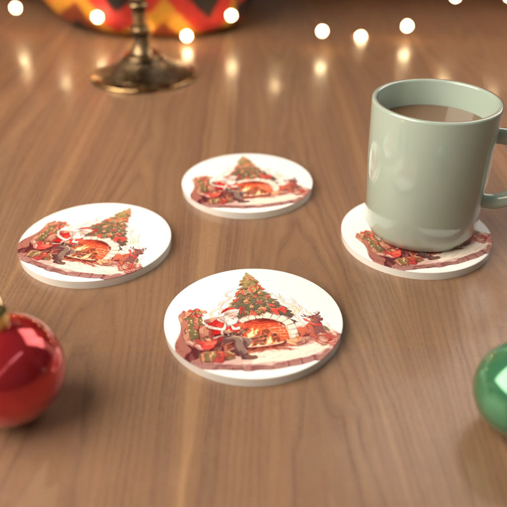 Father Christmas & Reindeer at the Fire Round Ceramic Coasters – Set of 6 – cosy lifestyle mockup