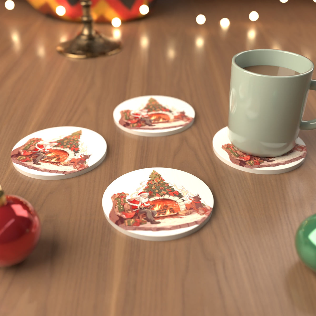 Father Christmas & Reindeer at the Fire Round Ceramic Coasters – Set of 6 – cosy lifestyle mockup