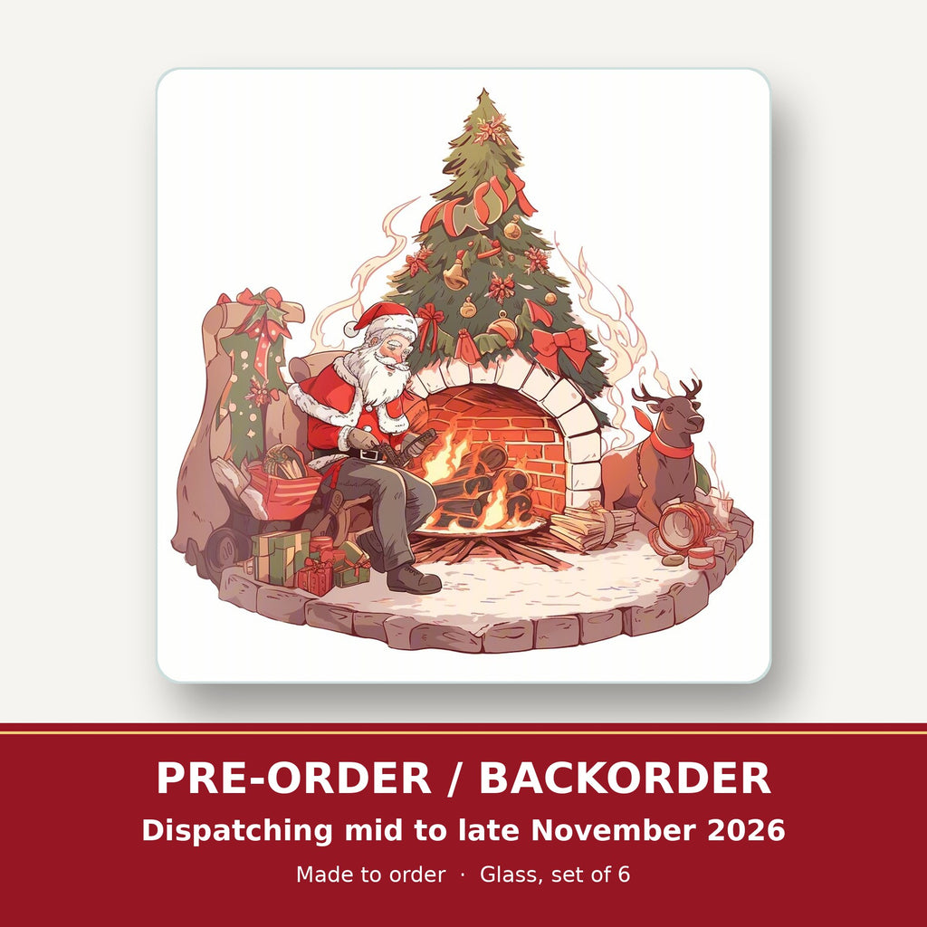 Father Christmas & Reindeer at the Fire square glass coaster set of 6 – pre-order / backorder, dispatching mid to late November 2026