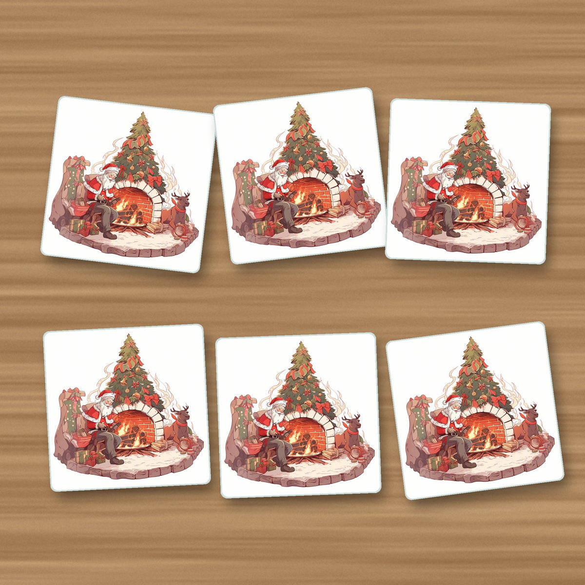Father Christmas & Reindeer at the Fire square glass coasters, set of 6, on an oak coffee table