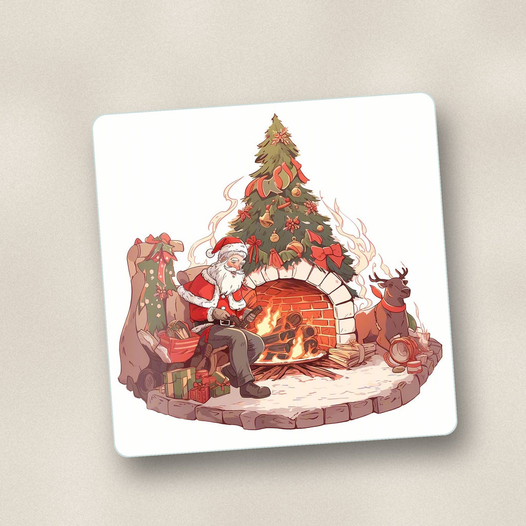 Close-up of one father christmas & reindeer at the fire square glass coaster, flat UV print