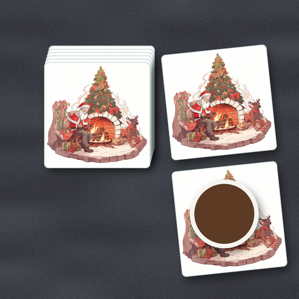 Father Christmas & Reindeer at the Fire square glass coasters stacked on a slate kitchen worktop