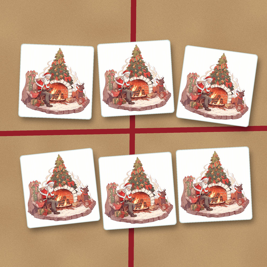 Father Christmas & Reindeer at the Fire square glass coasters on kraft gift wrap